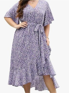 Floral Wrap Tie-Waist Midi Dress in Lilac